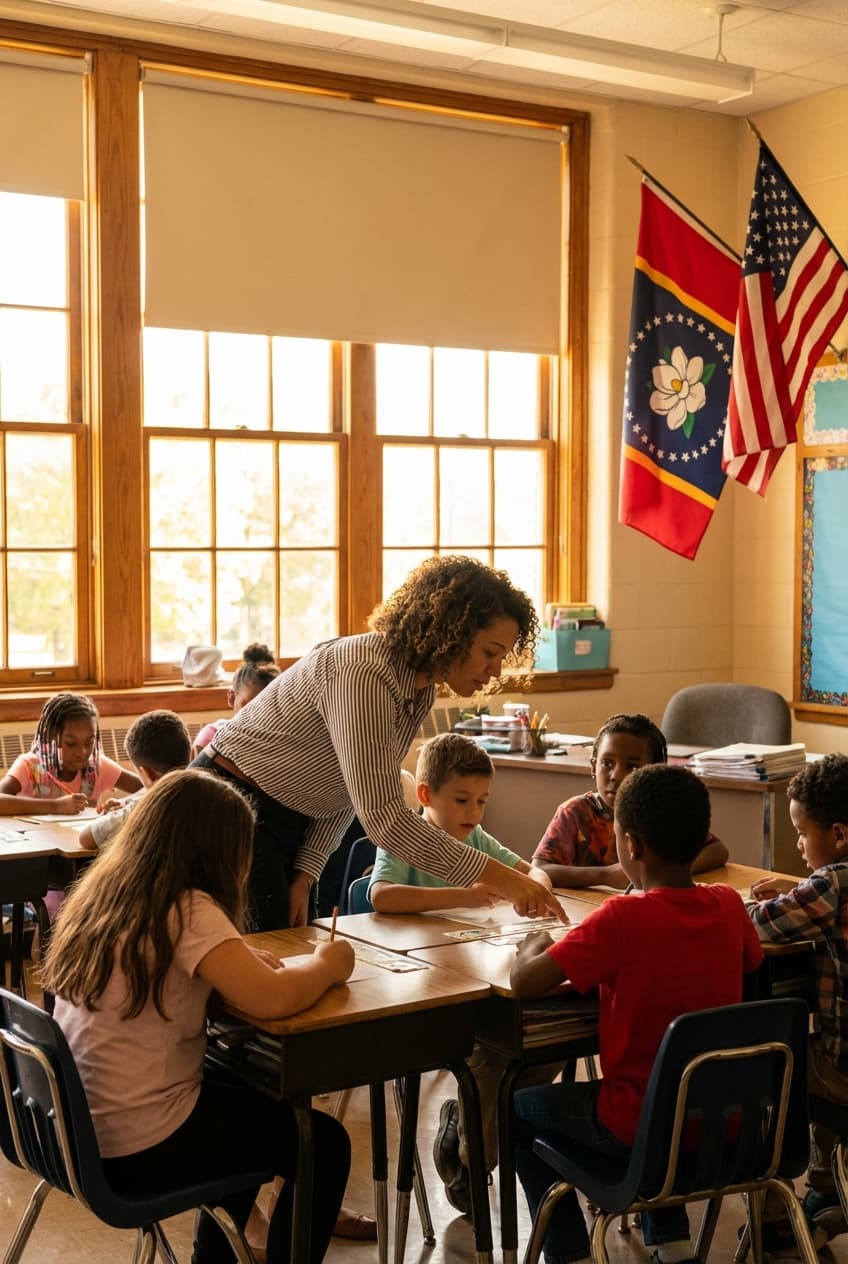 Diverse elementary classroom in Mississippi with teacher circulating among students during an M-STAR observation