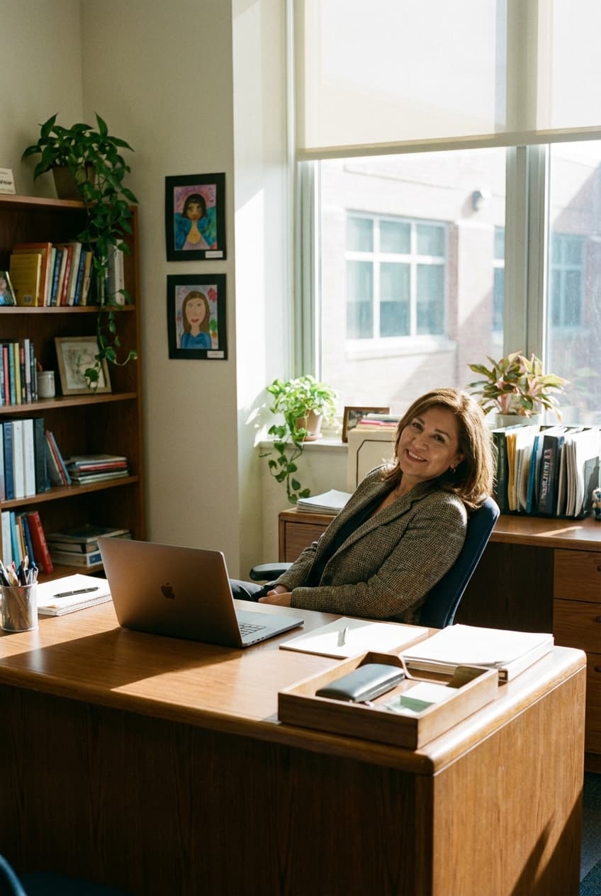 Confident school principal at organized desk with laptop, having saved time on teacher evaluations with AI