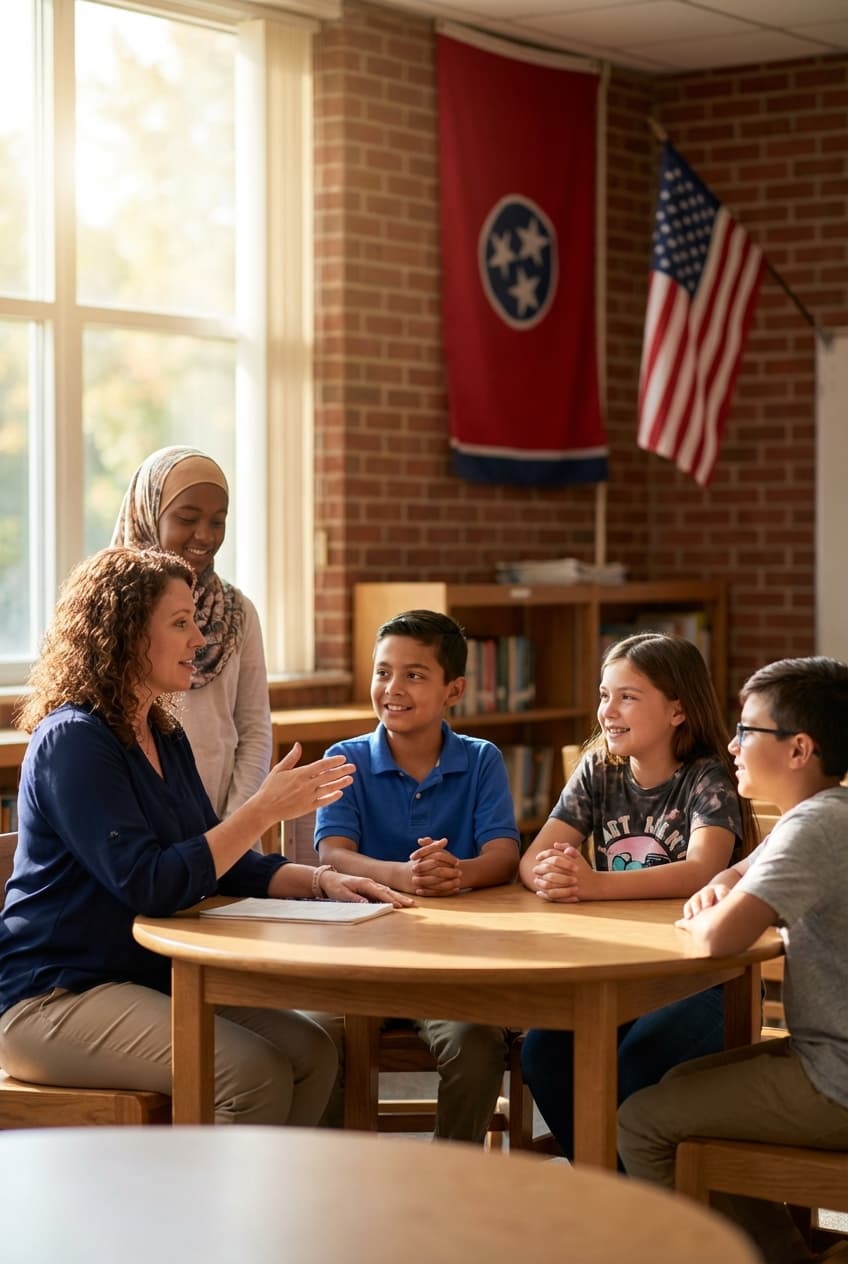 Teacher leading small group discussion with engaged diverse students in a Tennessee classroom