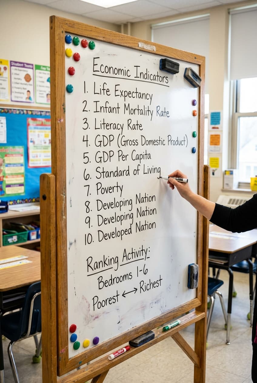 Whiteboard showing Economic Indicators vocabulary list and bedroom ranking activity