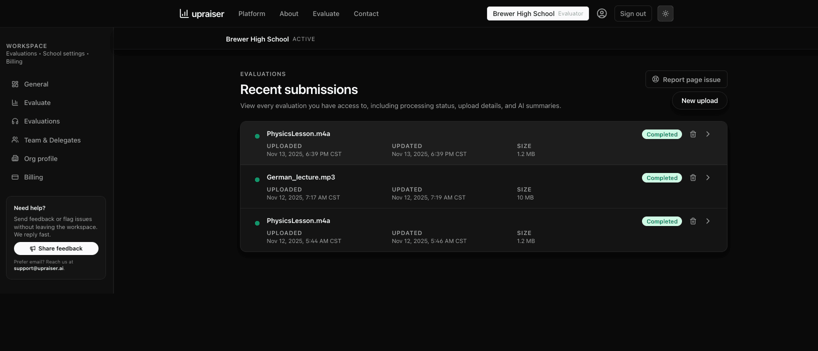 Upraiser Evaluation List