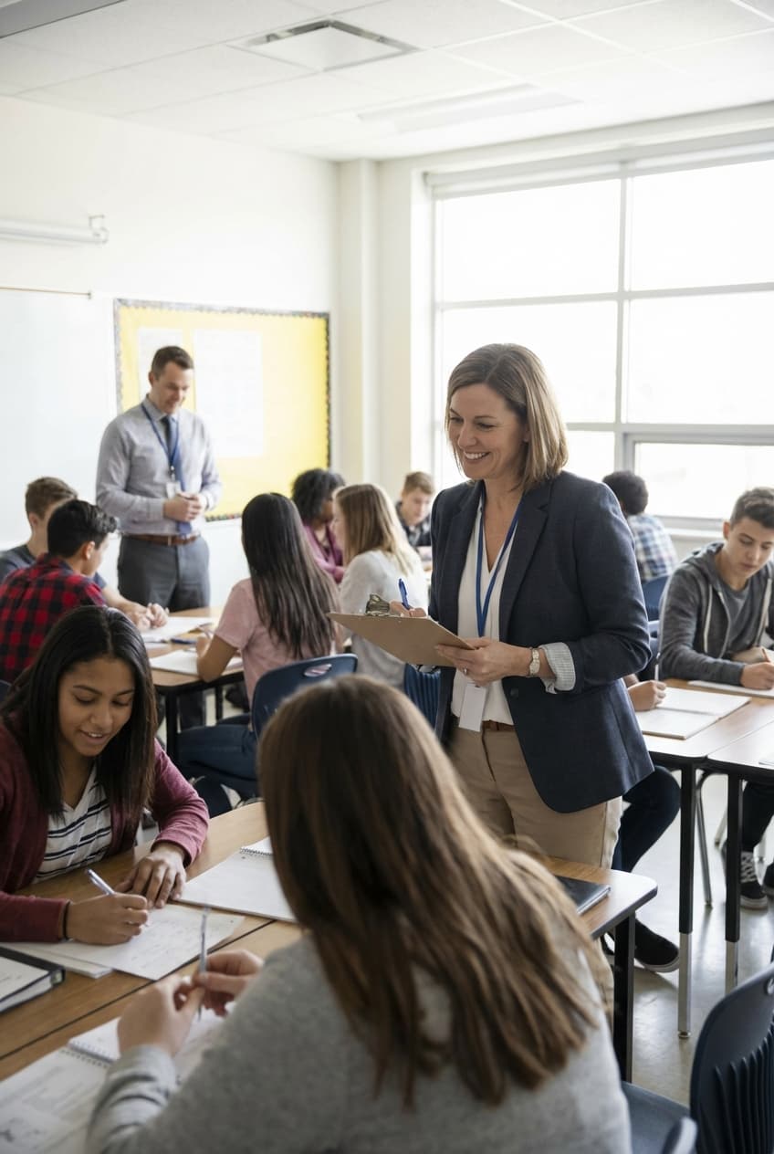 Principal standing at back of active classroom observing a lesson during a classroom observation