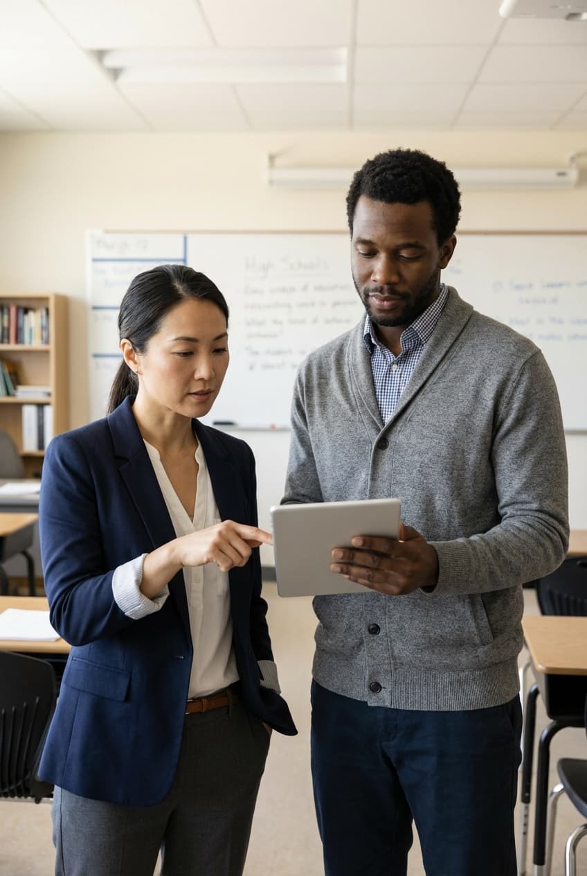 School principal reviewing AI-powered teacher evaluation data on a tablet in a modern school hallway