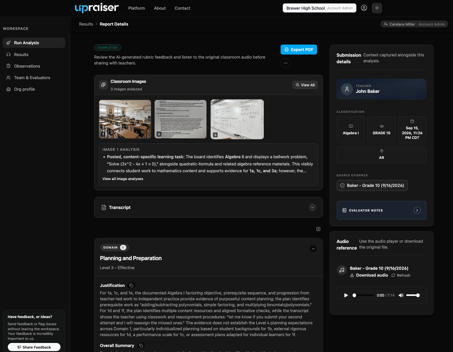 Upraiser evaluation detail showing domain feedback and next steps
